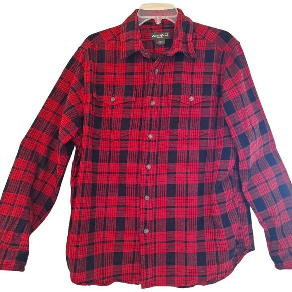 Eddie Bauer Flannel Shirt Mens Large Red Black Plaid Button Front Pockets Cotton - Picture 2 of 12